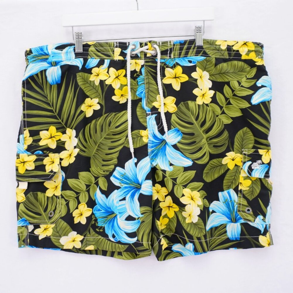 Caribbean Joe Floral Lined Swim‎ Trunks XL 45 / 7.5 High Rise Black Green Yellow